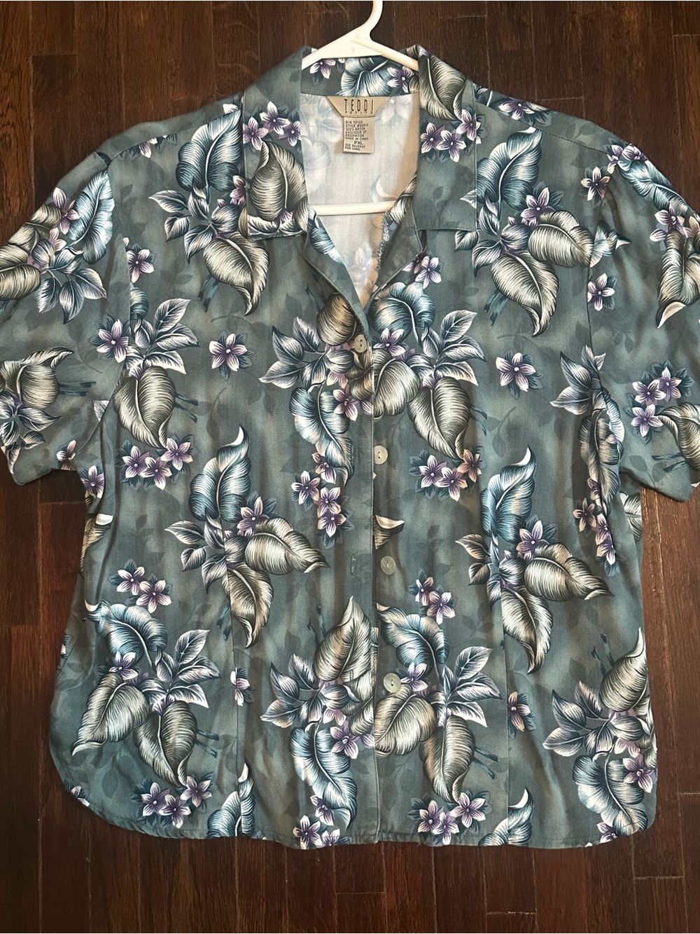 Teddi Petite Green Gray Floral Tropical Rayon Short Sleeve Shirt PXL